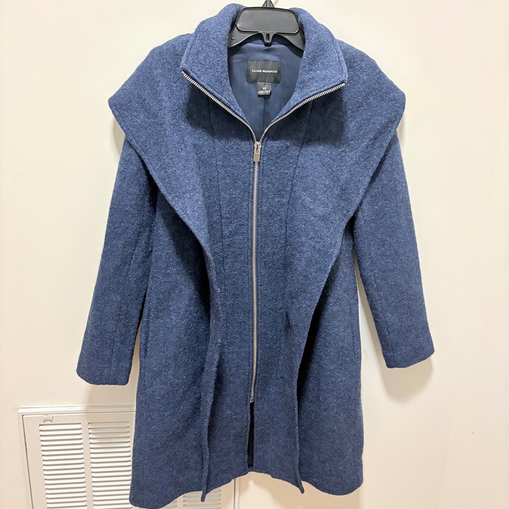 Club Monaco Kasppere Draped Zip Wool Coat Women Blue Small Textured Collar
